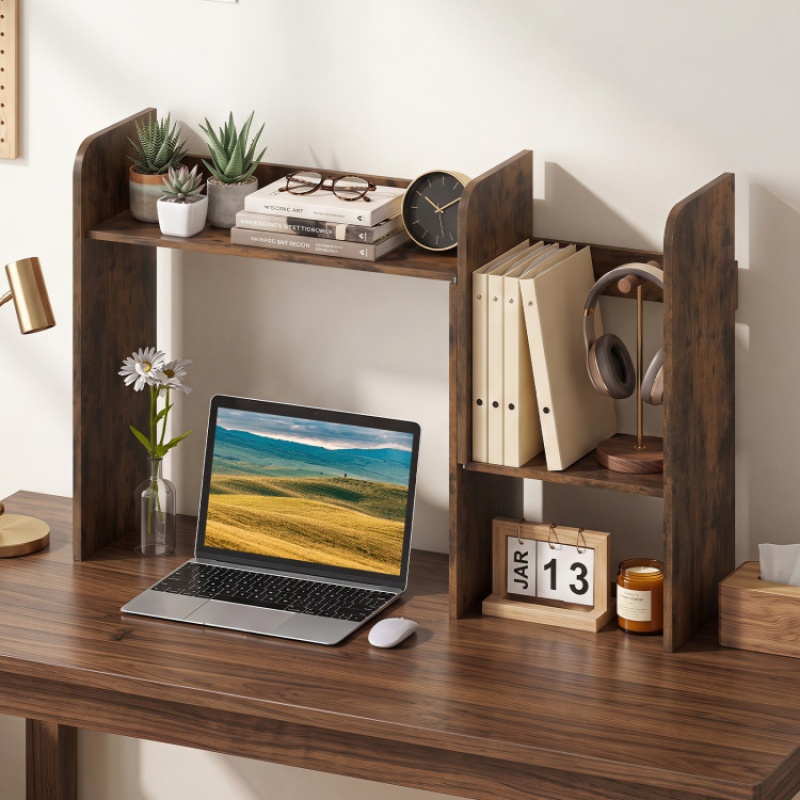 Expandable Desk Bookshelf With Open Cubes And Desktop Display Rack-Rustic Brown