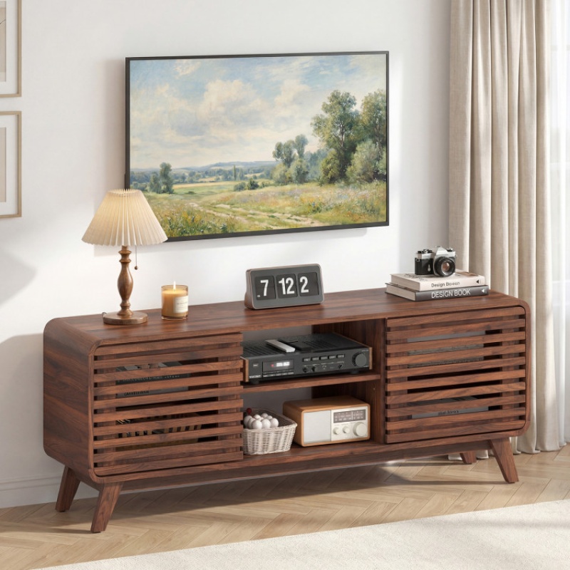 Costway Mid-Century Modern Walnut Entertainment Center with Grille-Style Sliding Doors