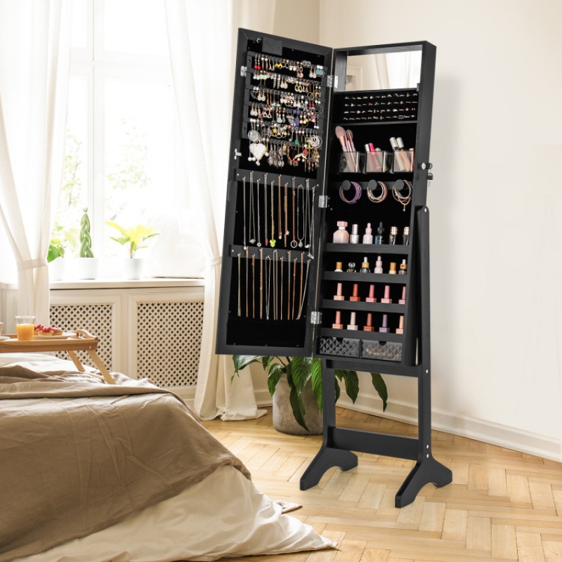 Mirror Jewelry Cabinet With 20 Warm Lights And 4 Tilt Angles-Black
