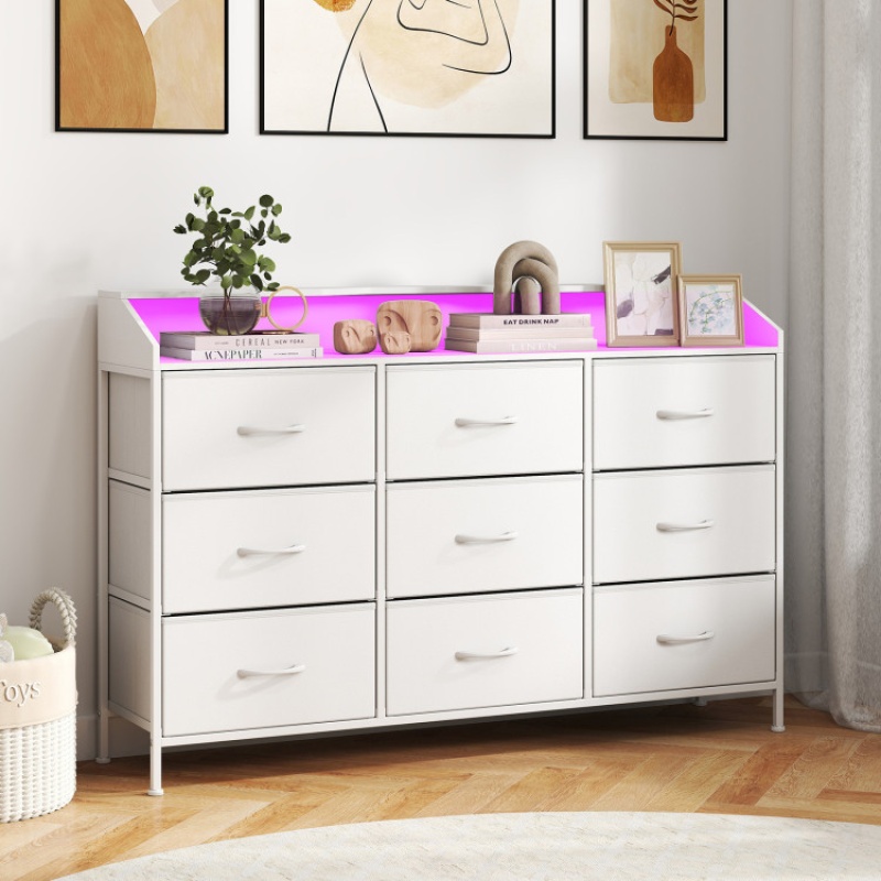 Storage Organizer With Led Lights And 9 Fabric Drawers For Bedroom-White