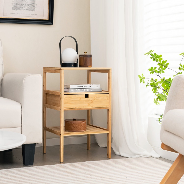 Bamboo Nightstand With Storage Drawer And Slatted Shelf-1 Piece