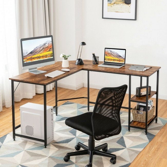 L Shaped Corner Computer Desk With Storage Shelves For Home Office Work