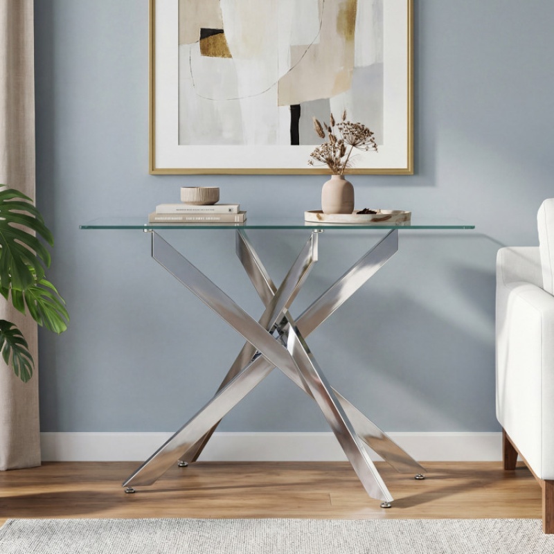 Glass Console Table Modern Entryway Table With Clear Tempered Glass Top-Silver