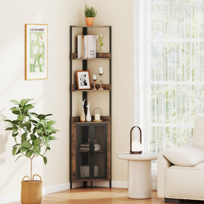 6-Tier Corner Shelf 67 Inches Tall Corner Bookshelf With Cabinet Industrial Bookcase-Brown