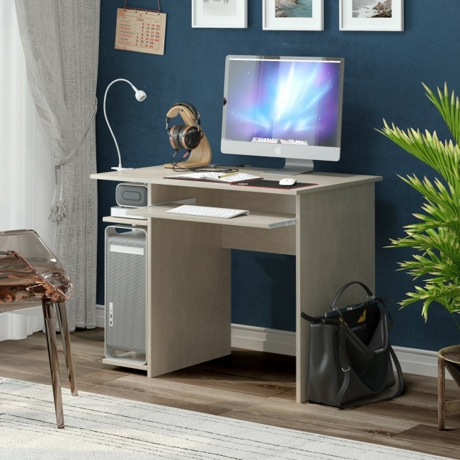 Compact Computer Desk With SlideOut Keyboard Tray And Storage Shelves