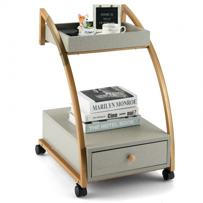 Modern Tray Top 4 Casters Rolling End Table With Storage Drawer
