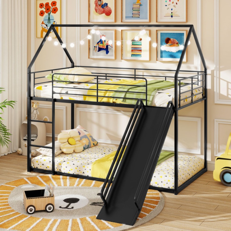 House-Shaped Metal Twin Over Twin Low Bunk Bed-Black
