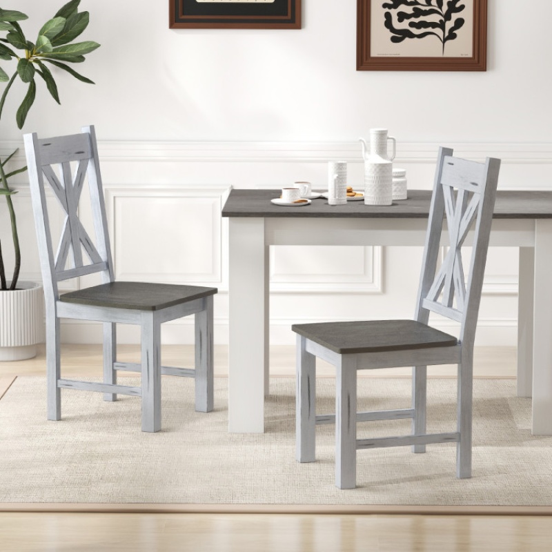 Farmhouse Chair Set Of 2 With Rubber Wood Frame And Elegant Hollowed Backrest-Gray