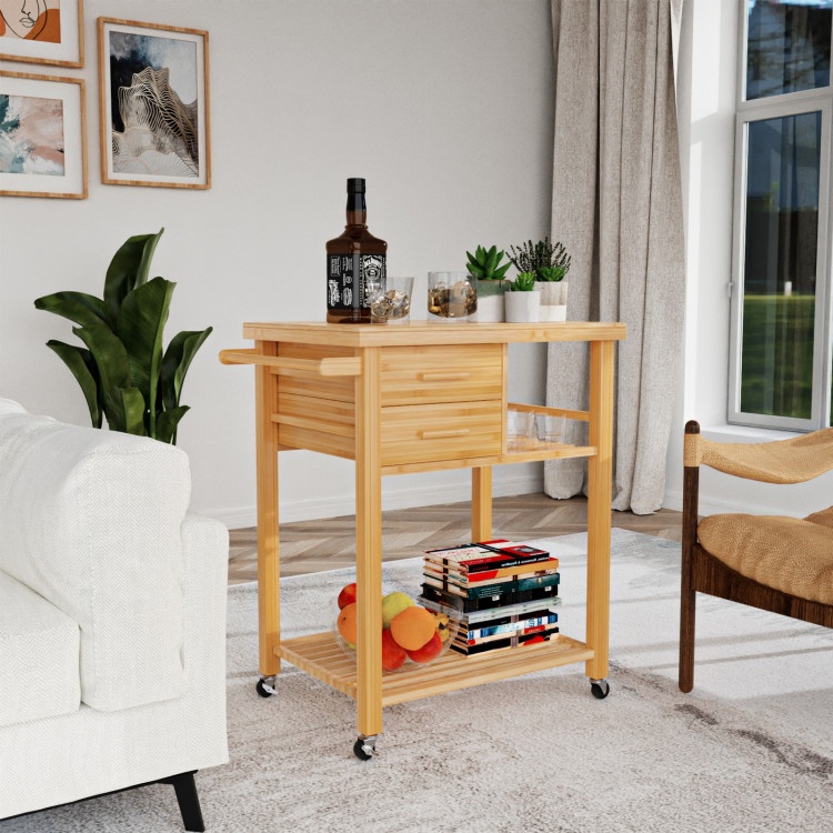 Bamboo Kitchen Trolley Cart With Tower Rack and Drawers