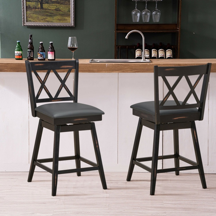 2 Pieces 24 Inch Swivel Counter Height Barstool Set With Rubber Wood Legs-Black