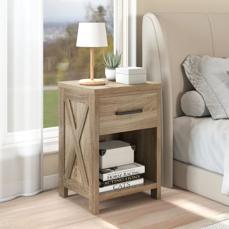 Costway Nightstand with Drawer and Shelf – Natural