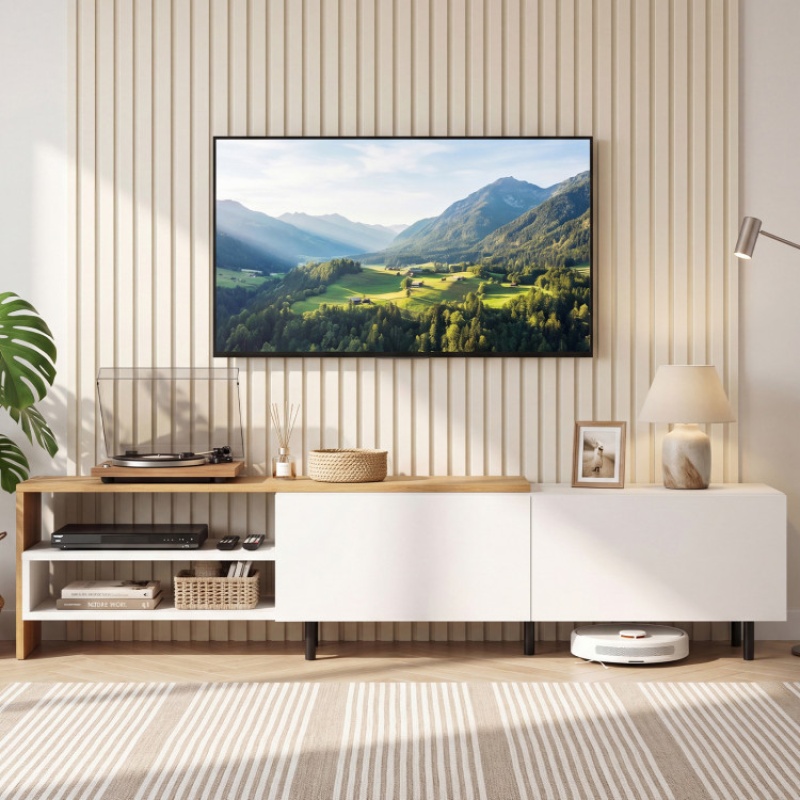 Modern Tv Stand For 80 Inches Tvs With Storage Shelves And Cabinets-White