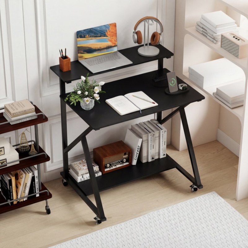 32 Inch Rolling Computer Desk For Small Spaces With Power Outlets-Black