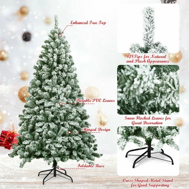 6 Feet Snow Flocked Artificial Christmas Tree Hinged With 928 Tips