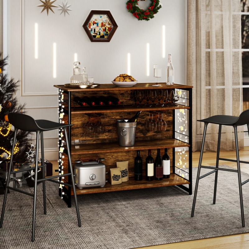 4-Tier Mini Bar Kitchen Island With Footrest And Wine Rack-Coffee