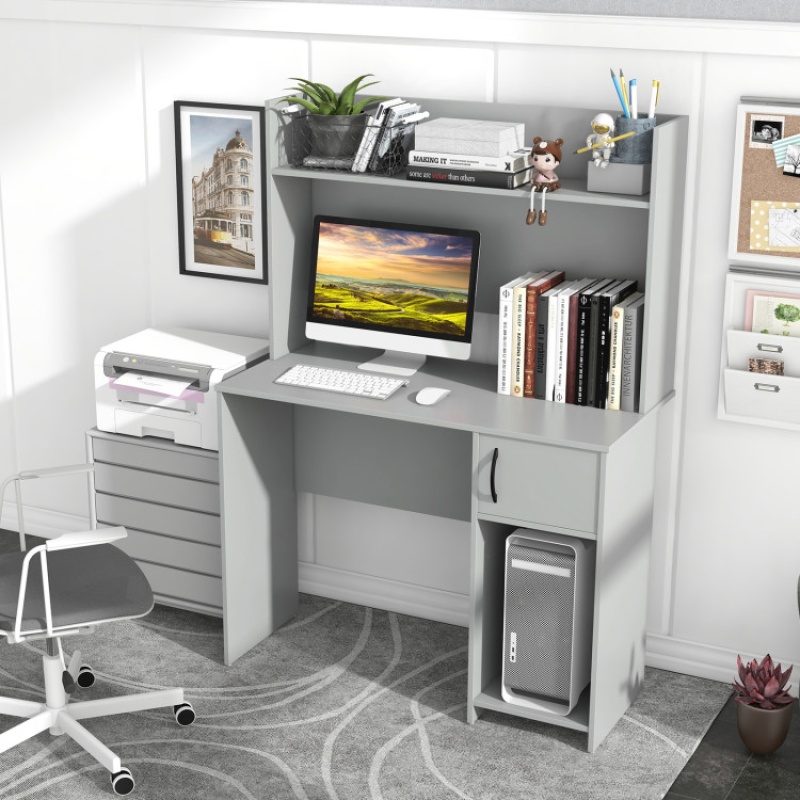 Home Office Desk With Raised Display Shelf And 2 Open Shelves-Gray