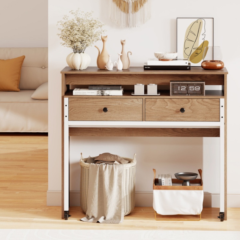 Extendable Computer Desk With Pull Out Secondary Desk-Natural