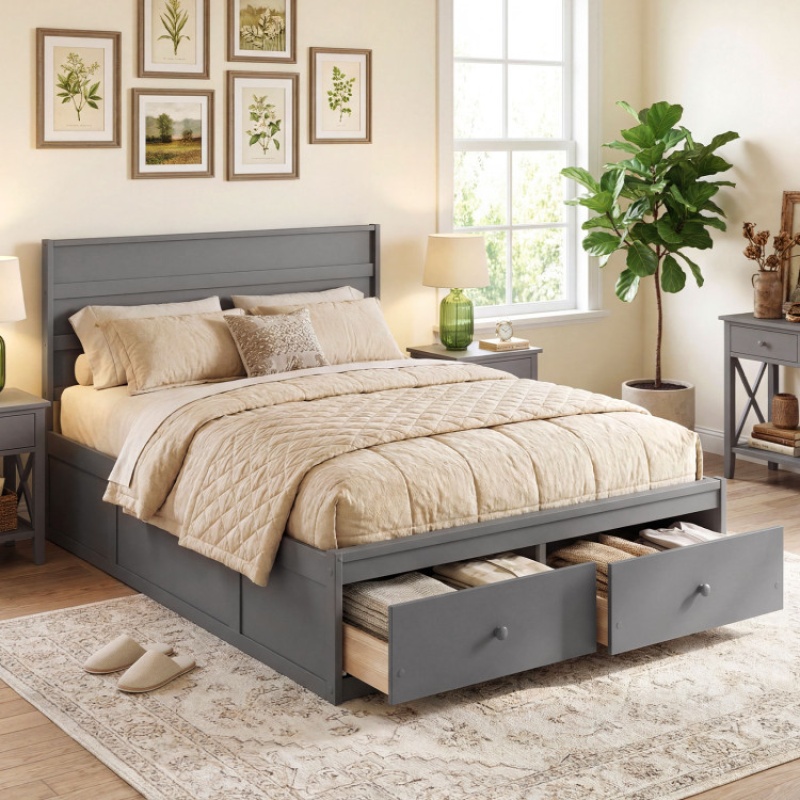 Full Size Wooden Platform Bed Frame With Storage Drawers-Gray