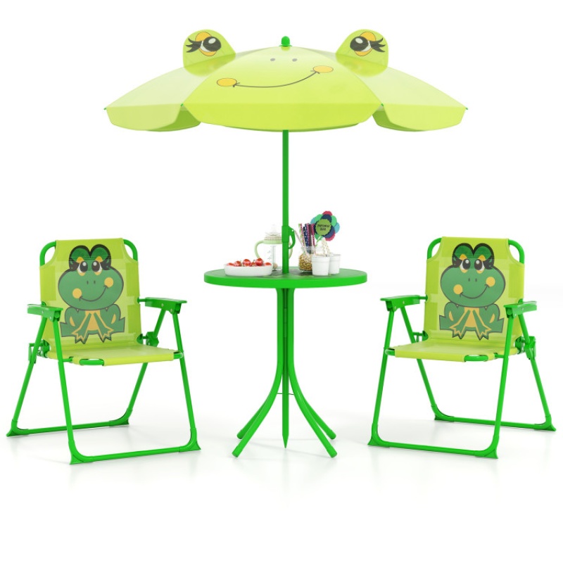 4 Pieces Kids Picnic Set With 2 Folding Chairs And Height Adjustable Umbrella