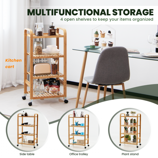 4-Tier Bamboo Mobile Kitchen Serving Trolley Cart With Storage Shelf And Lockable Casters