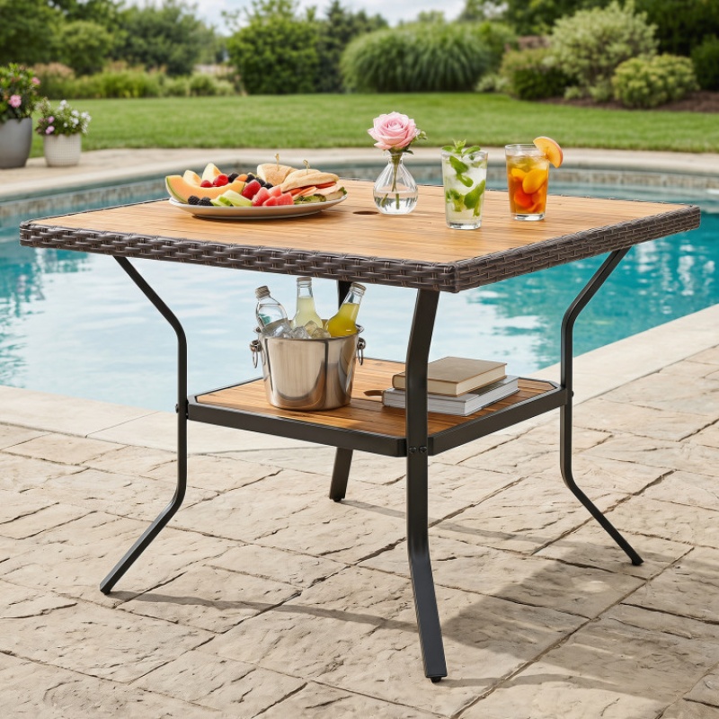 37" Square Outdoor Dining Table For 4 With Acacia Wood Tabletop And 2" Umbrella Hole-Brown
