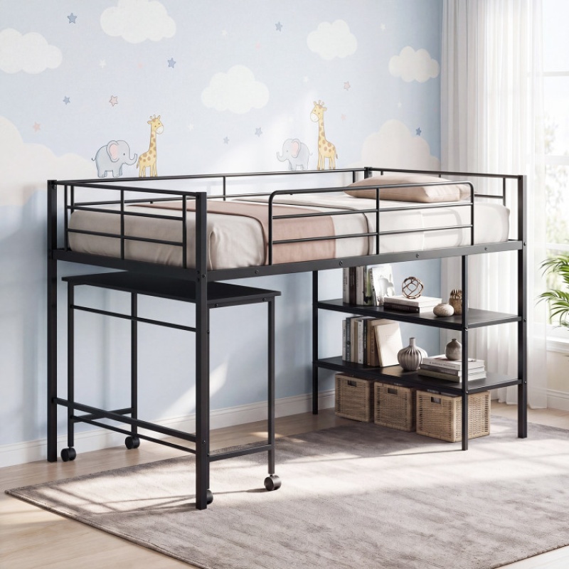 Twin Size Loft Bed With Rolling Desk And Bookshelf Platform Bed Frame-Black