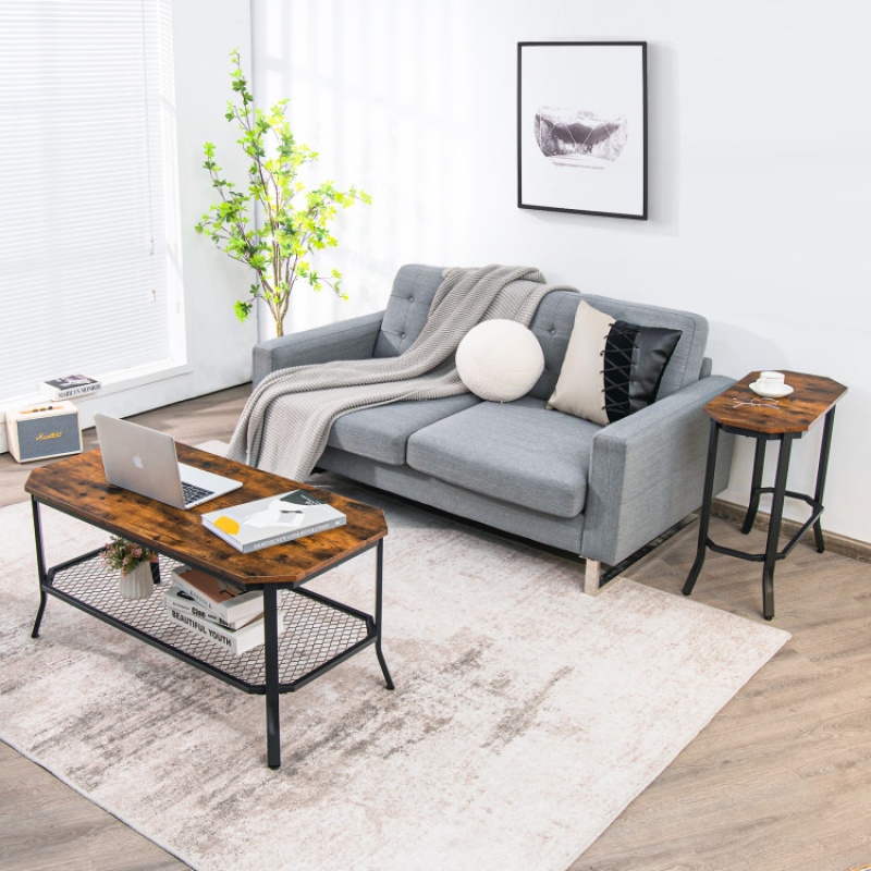 Narrow End Table With Rustic Wood Grain And Stable Steel Frame-Rustic Brown