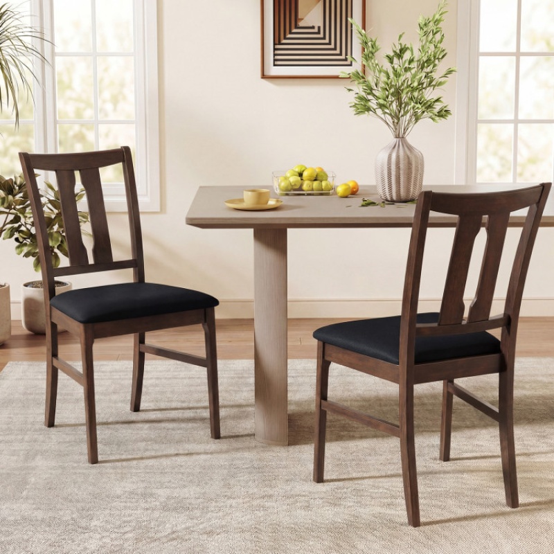 Set Of 2 Wooden Upholstered Dining Chairs With High Curved Back-Walnut