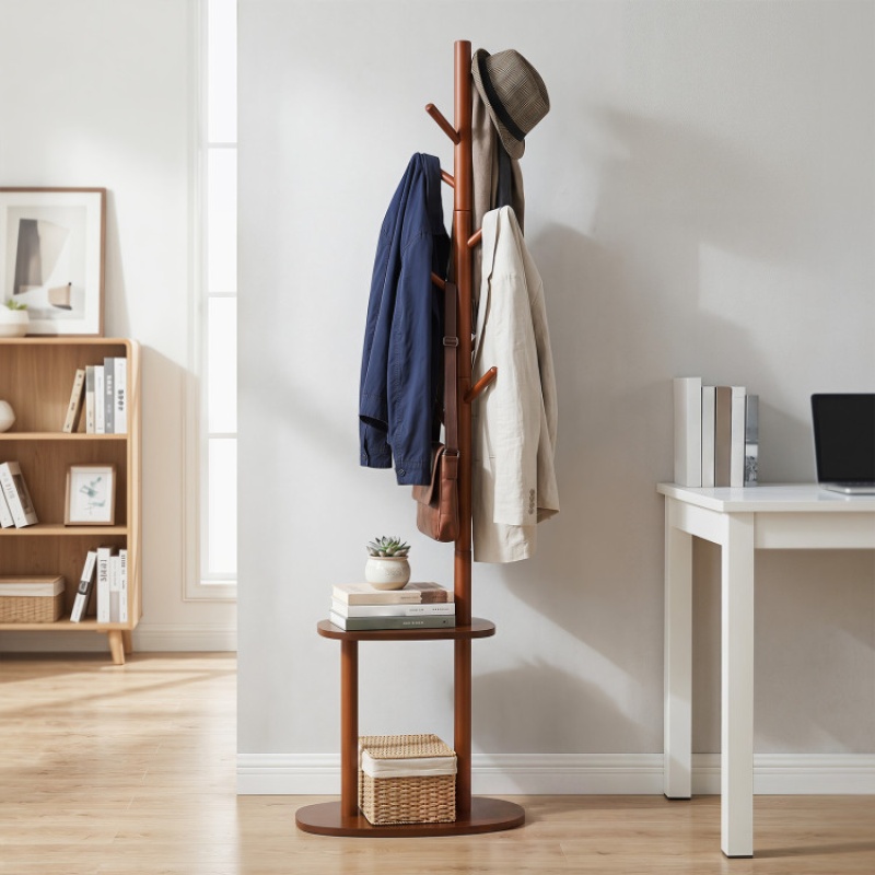 Coat Rack With 8 Rubber Wood Hooks And 2 Storage Shelves-Walnut