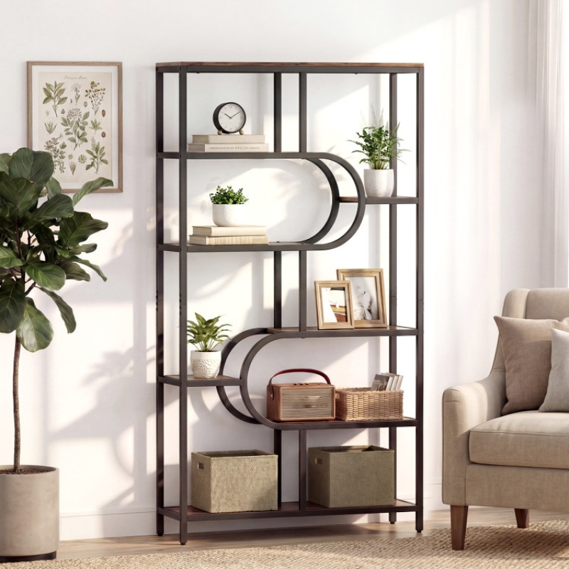 5-Tier Bookshelf Tall Etagere Bookcase With Open Storage Shelves And U Shape-Rustic Brown