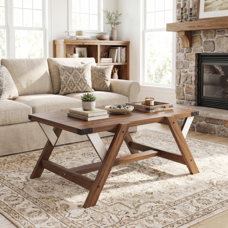 Farmhouse Center Table With Decorative Nailhead Accents