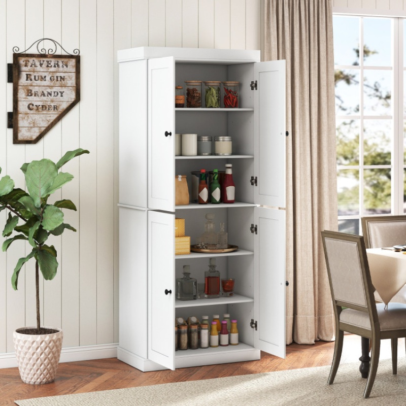 Kitchen Pantry Cabinet With 2 Adjustable Shelves And Anti-Tipping Kits For Living Room-White