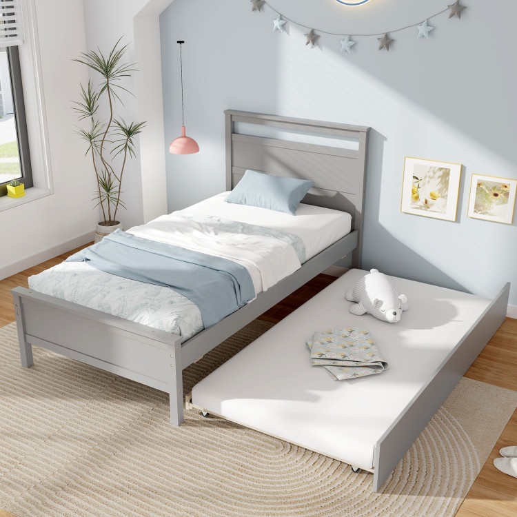 Twin Size Wooden Bed Frame With Trundle - Gray