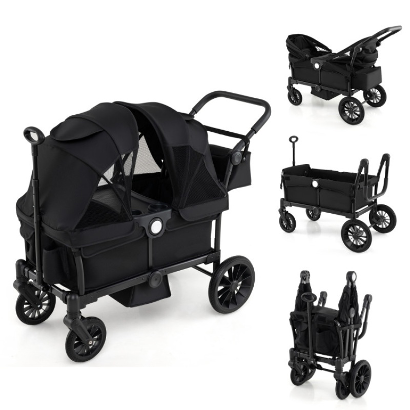 2 Seater Push Pull Collapsible Kids Wagon Stroller With Adjustable Handlebars