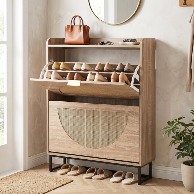 Narrow Shoe Storage Cabinet With 2 Flip Drawers And Adjustable Shelves-Natural