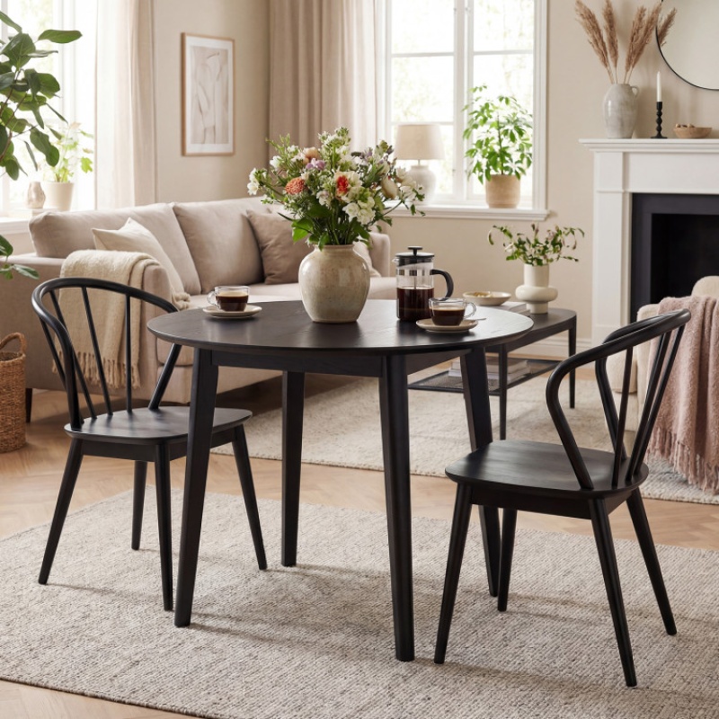 Wooden Dining Chair Set of 2 with High Spindle Back and Wide Seat - Black