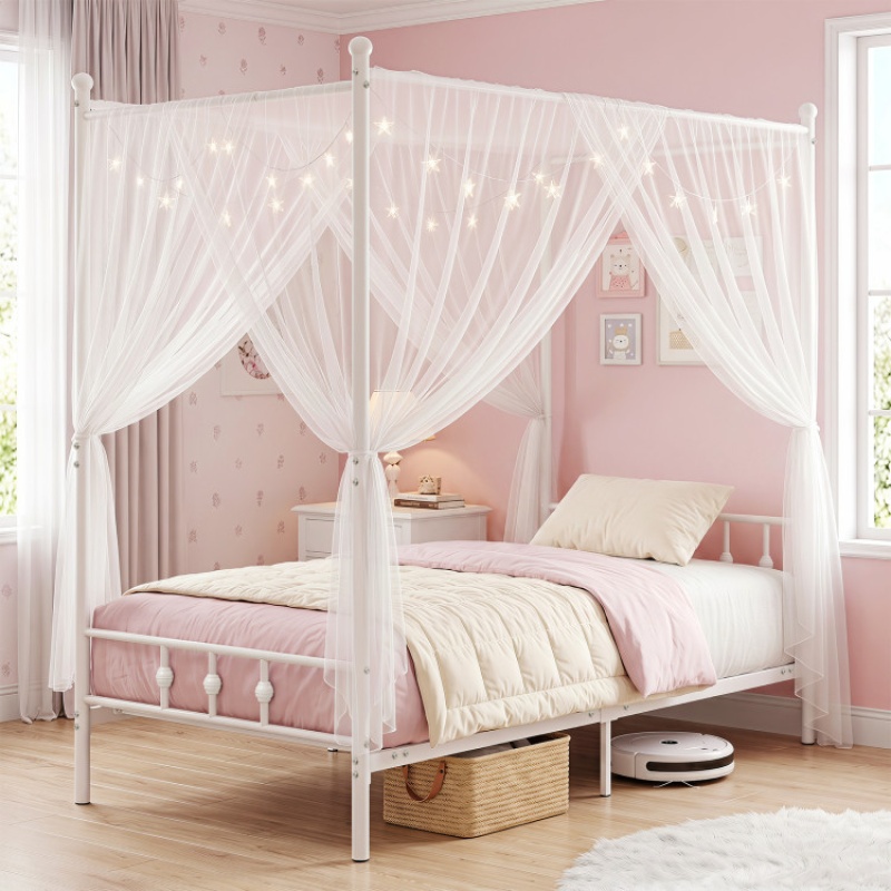 Twin Size Metal Canopy Bed Frame with Headboard and Footboard