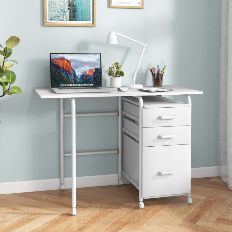 Home Office Folding Computer Laptop Desk Wheeled With 3 Drawers