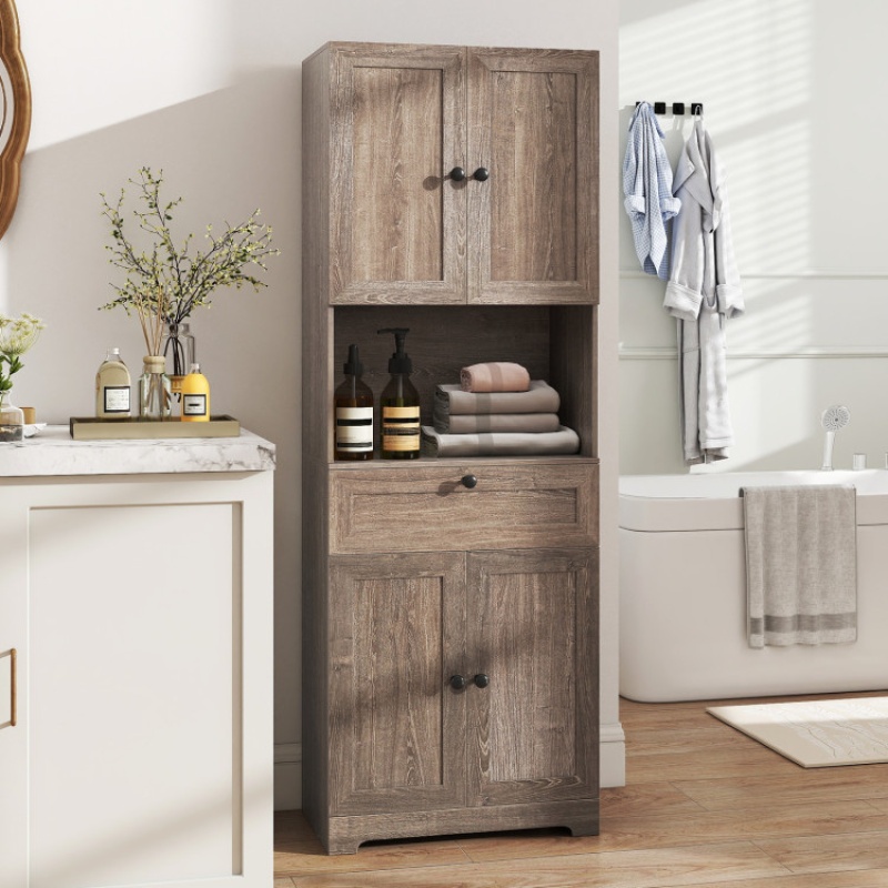 67.5 Inch Tall Modern Freestanding Floor Storage Cabinet With 4 Doors And 1 Drawer-Oak