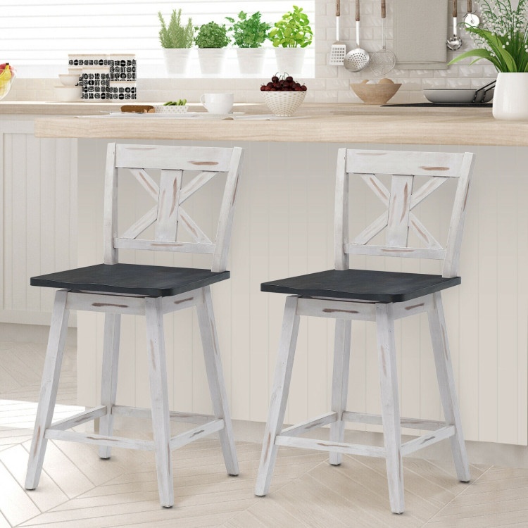 Set Of 2 24 Inch Swivel Counter Height Bar Stools With Solid Wood Legs