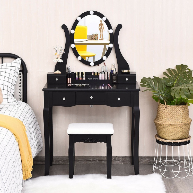 Black Vanity Table Set with Lighted Mirror and Stool