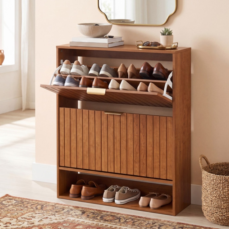 Fluted Hidden Shoe Cabinet with 2 Flip Drawers