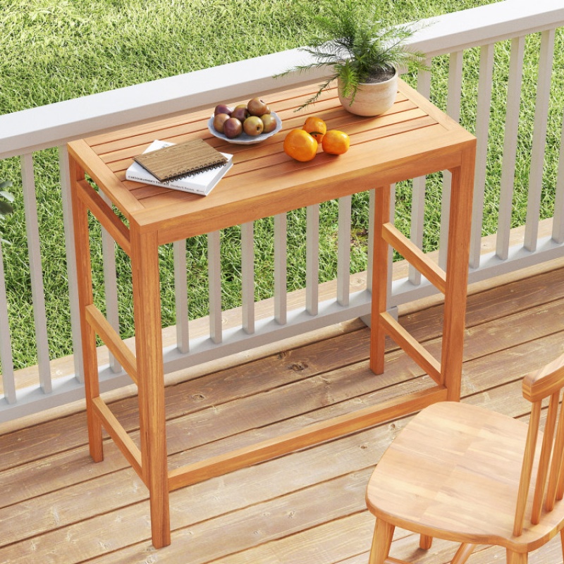Acacia Wood Outdoor Bar Table With Slatted Tabletop For Balcony