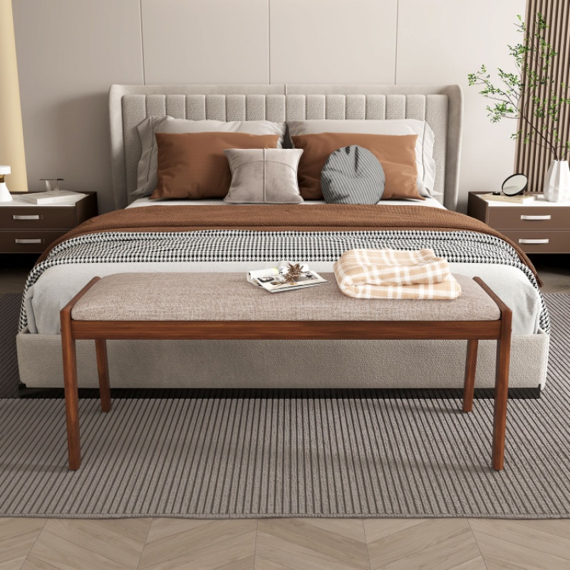 45 Inch Farmhouse Backless Bench With Rubber Wood Legs And Fabric Padded Seat-Beige