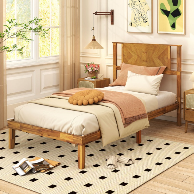 Twin/Full/Queen Size Bed Frame Mid-Century Acacia Wood Platform Bed With Headboard-Twin Size