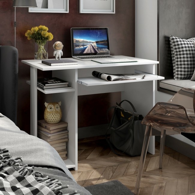 Compact Computer Desk With SlideOut Keyboard Tray And Storage Shelves