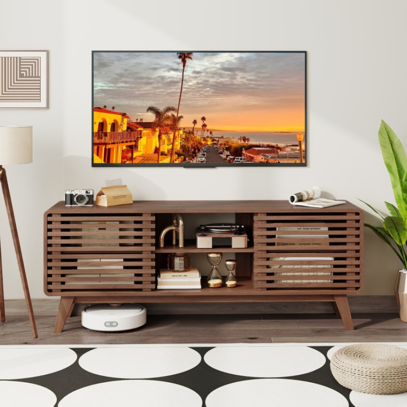 Tv Stand For Tvs Up To 65" With Sliding Doors And Adjustable Shelves For Living Room-Walnut