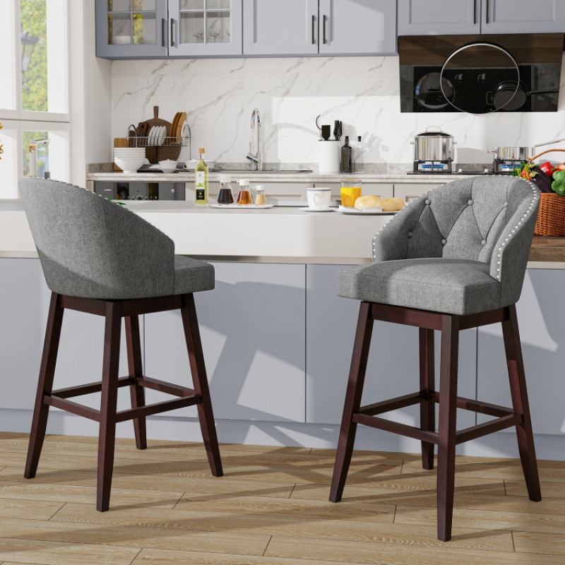 Set Of 2 Swivel Bar Stools With Rubber Wood Legs And Padded Back-Gray