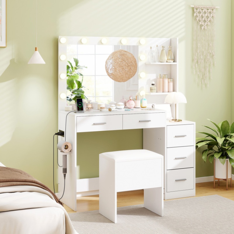 White Makeup Table and Stool Set with Hair Dryer Stand