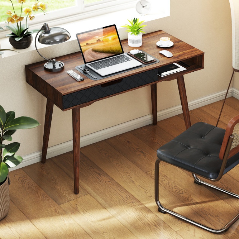 Mid-Century Modern Computer Desk With Drawer And Open Compartment-Brown